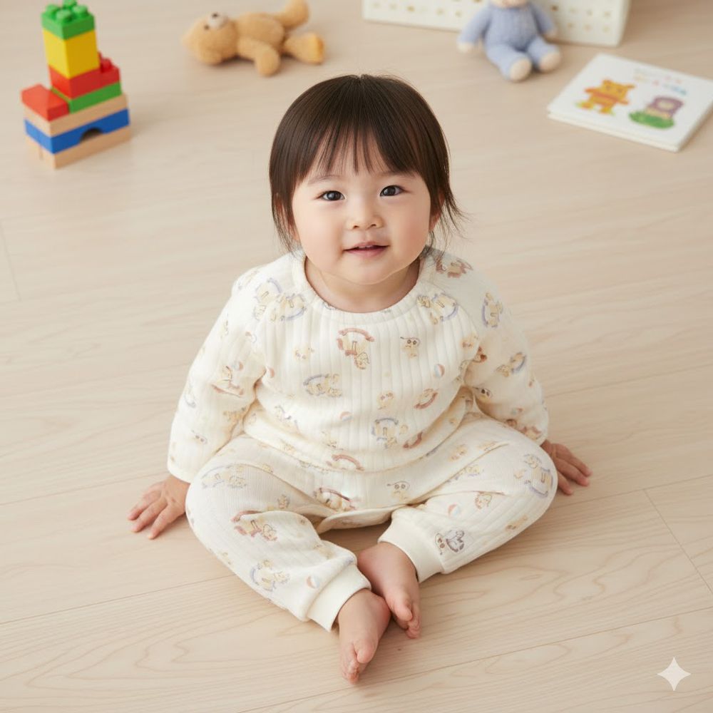 嬰兒長袖包屁衣家居服-木馬-奶油色