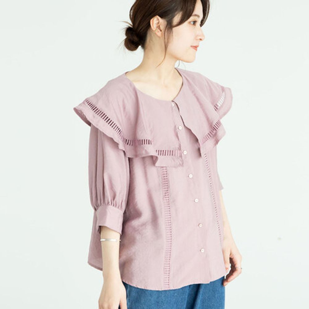 日本 ELENCARE DUE - 大荷葉鏤空領五分袖襯衫/外套-粉杏