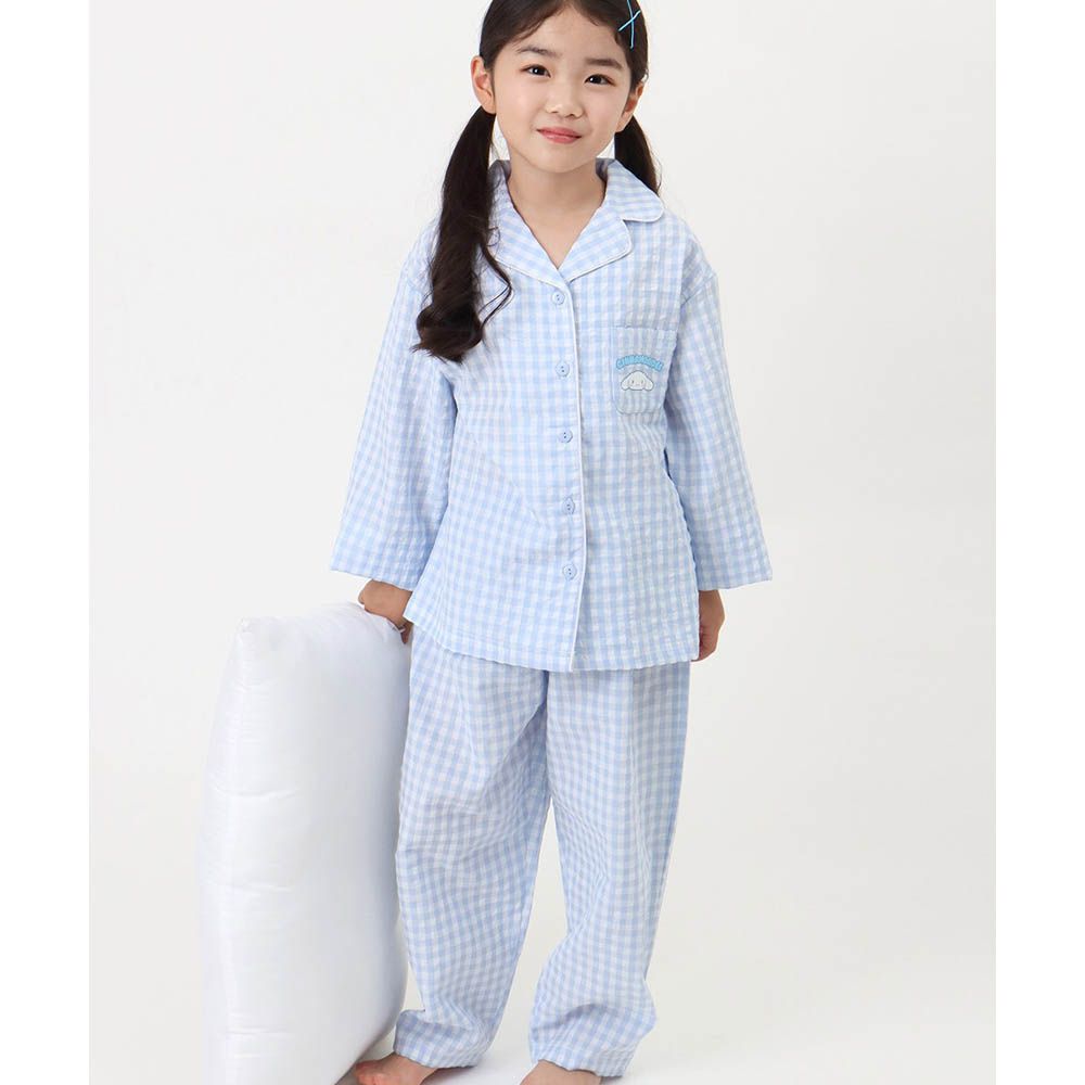 卡通格紋翻領長袖睡衣套裝-卡通人物大耳狗-淺藍紫