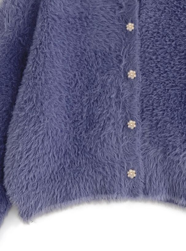 日本 GRL - 花朵珍珠釦毛絨外套-奶茶灰 (F)