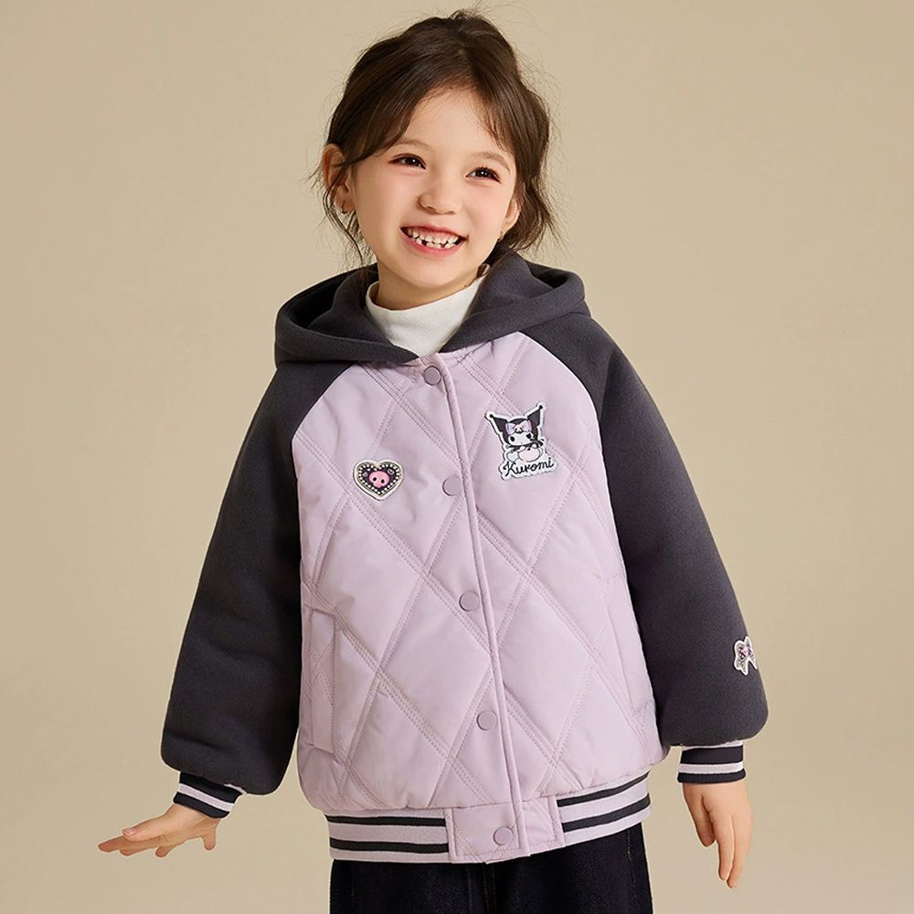 甜酷撞色鋪棉連帽棒球外套-卡通人物酷洛米-紫色