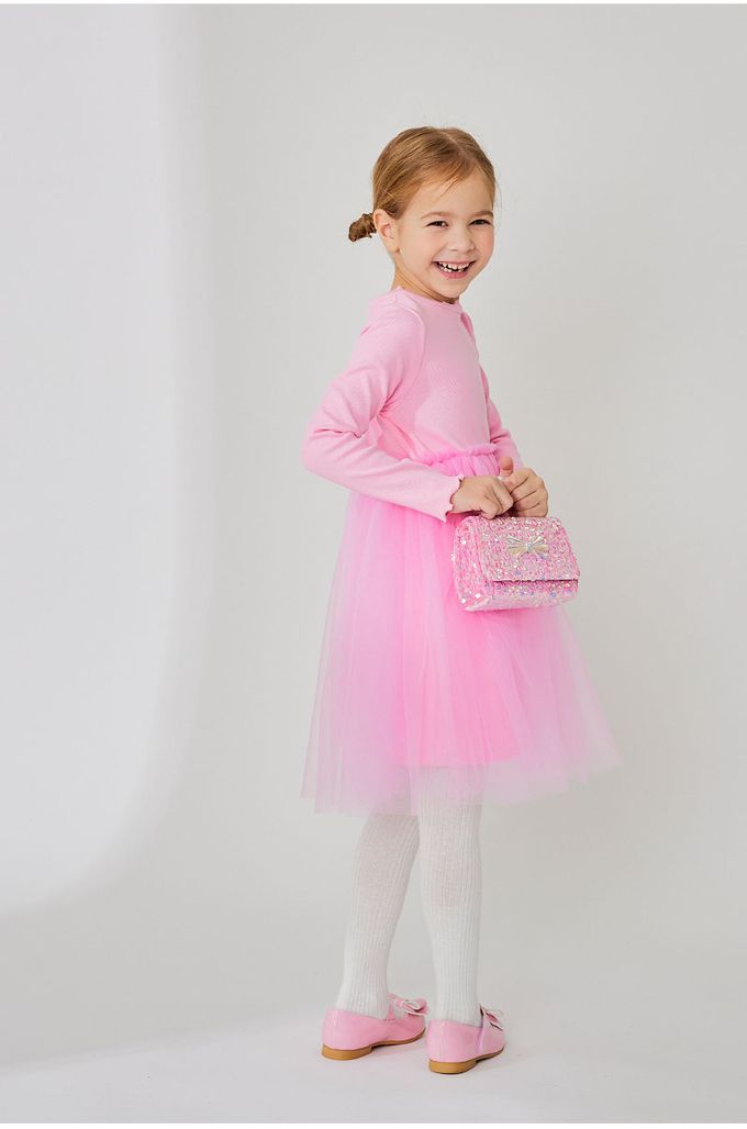 韓國 OZKIZ - 糖果色網紗拼接連身洋裝-粉