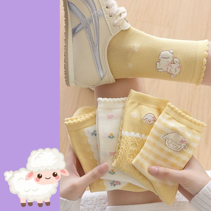 嫩黃萌趣綿羊小花中筒棉襪