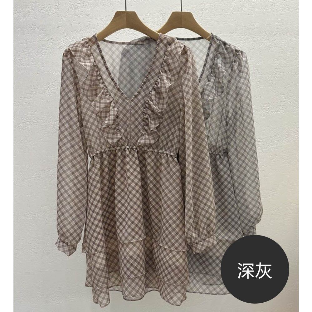 荷葉V領格紋迷你雪紡洋裝-深灰 (FREE)