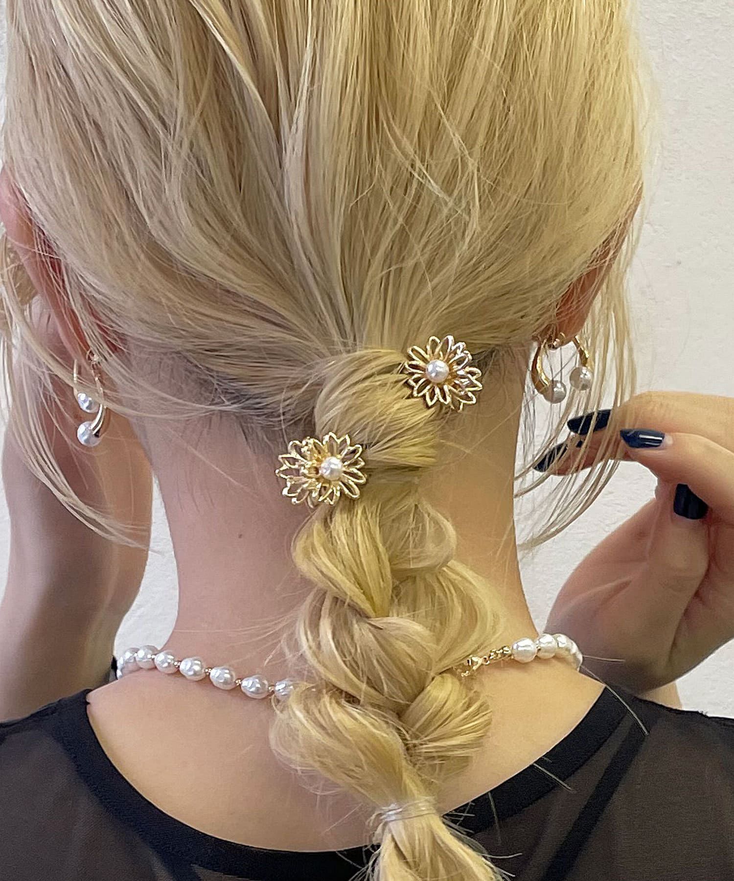 日本 Lattice - 珍珠小花金屬迷你髮夾3件組-金