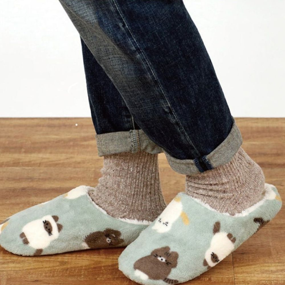 內刷毛溫暖室內拖鞋-可愛貓咪-薄荷綠 (約23~24.5cm)