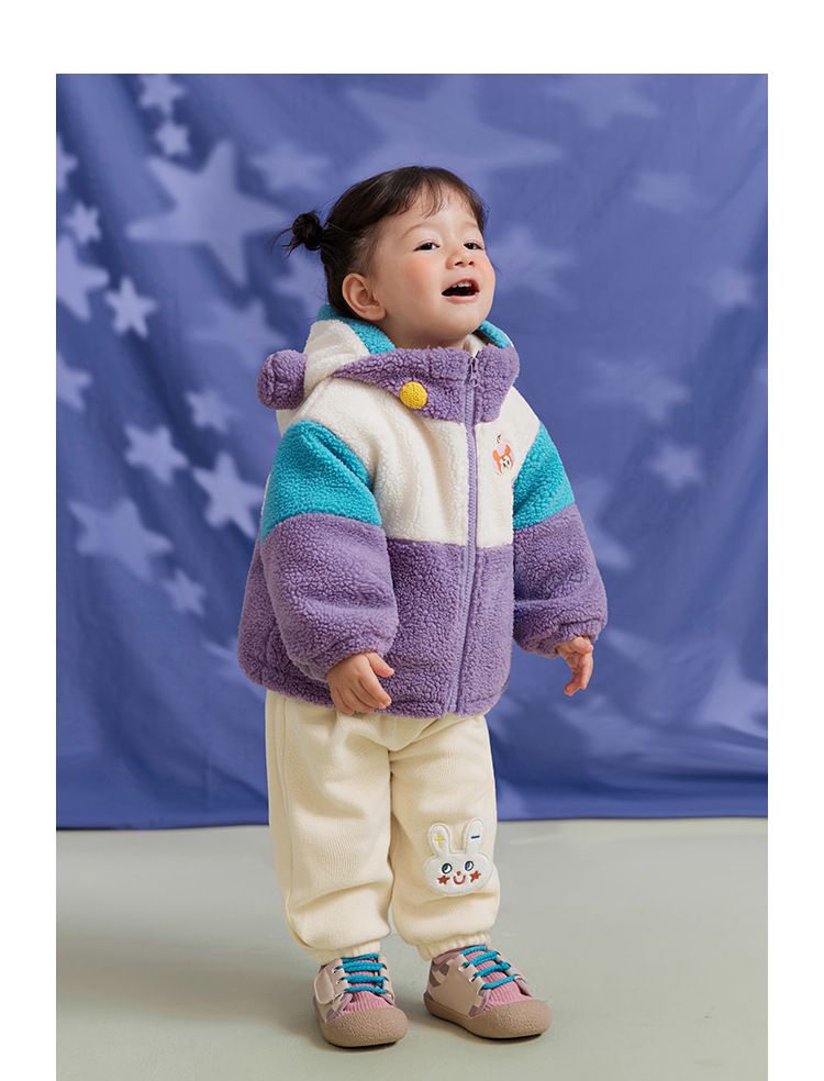 立體造型撞色羊羔絨連帽外套-UFO專員-藍色