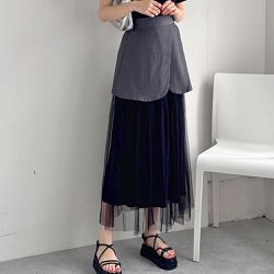 日本 GRL - 工裝風拼接層次感飄逸紗裙-黑