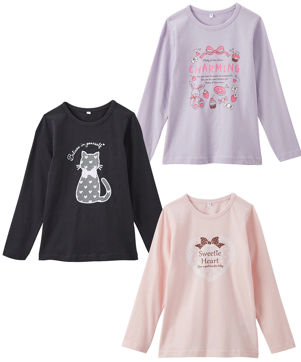 日本 Nissen - 純棉印花長T 超值三件組-少女系-粉/紫/水藍