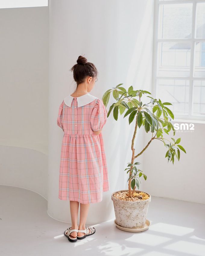 韓國 sm2 - Lovely印花泡泡袖洋裝-格紋-粉