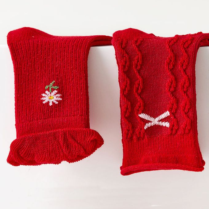 腳ㄚ子 - 幼/兒童棉質中筒襪 童襪 襪子 棉襪 兒童襪-絳紅飛花