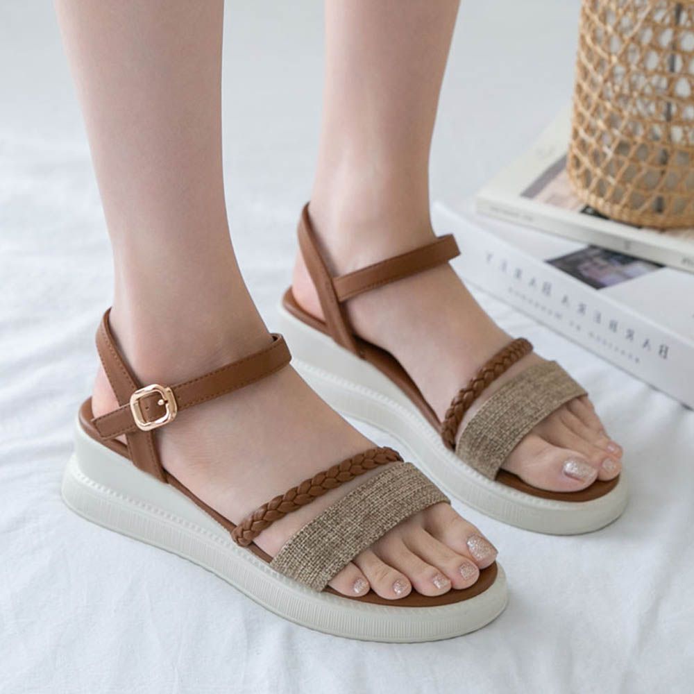 雙織帶軟皮革輕量楔型涼鞋(5cm)-咖啡