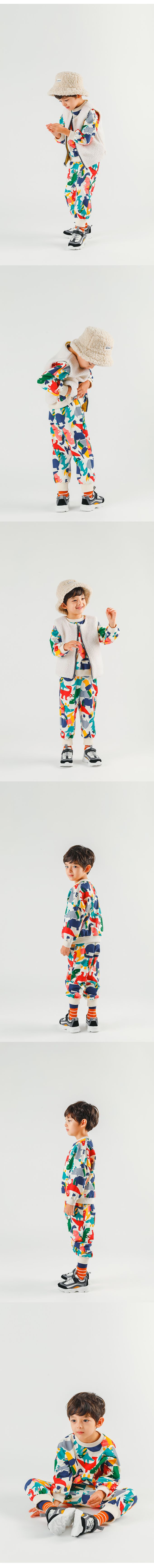 韓國 OZKIZ - 色塊恐龍圖印長袖套裝