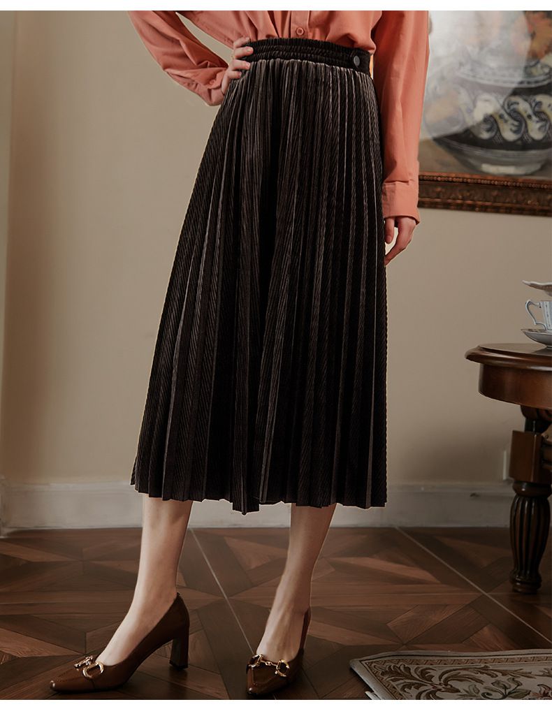 復古閃亮百褶半身裙-咖啡色