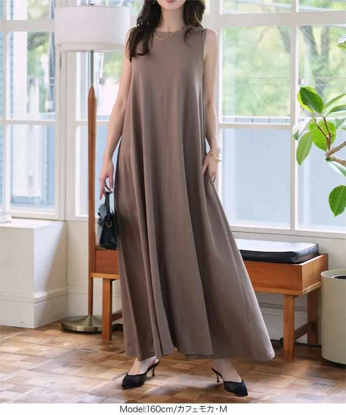 日本 Kobe Lettuce - 抗透汗 優雅A字無袖洋裝(附bra)-煙燻藍