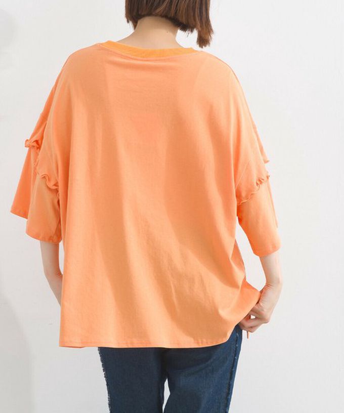 日本 Lupilien - 接觸冷感 學院風印花荷葉寬袖上衣-橘