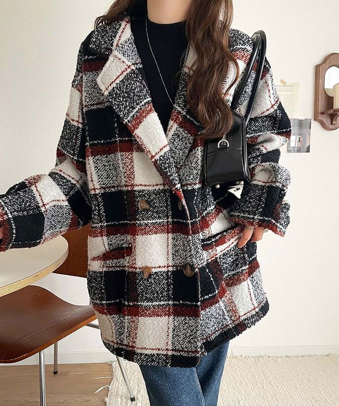 日本 Classical Elf - 亮麗格紋翻領廓形中長版大衣-焦糖棕