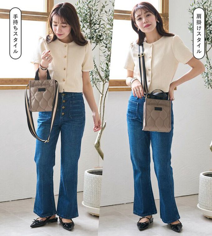 日本 LIZDAYS - 防潑水 輕巧絎縫方形側背小包-淺棕x黑