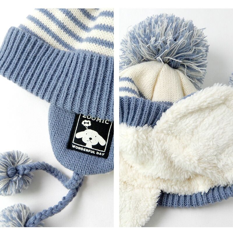 日本 ZOOLAND - 護耳羊羔絨保暖毛帽-條紋小狗-薄荷 (頭圍50-54cm)