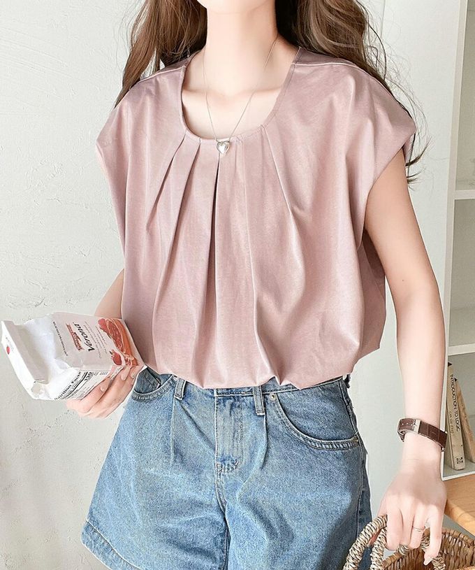 日本 Classical Elf - 接觸涼感 柔美皺摺法式袖上衣-煙燻綠