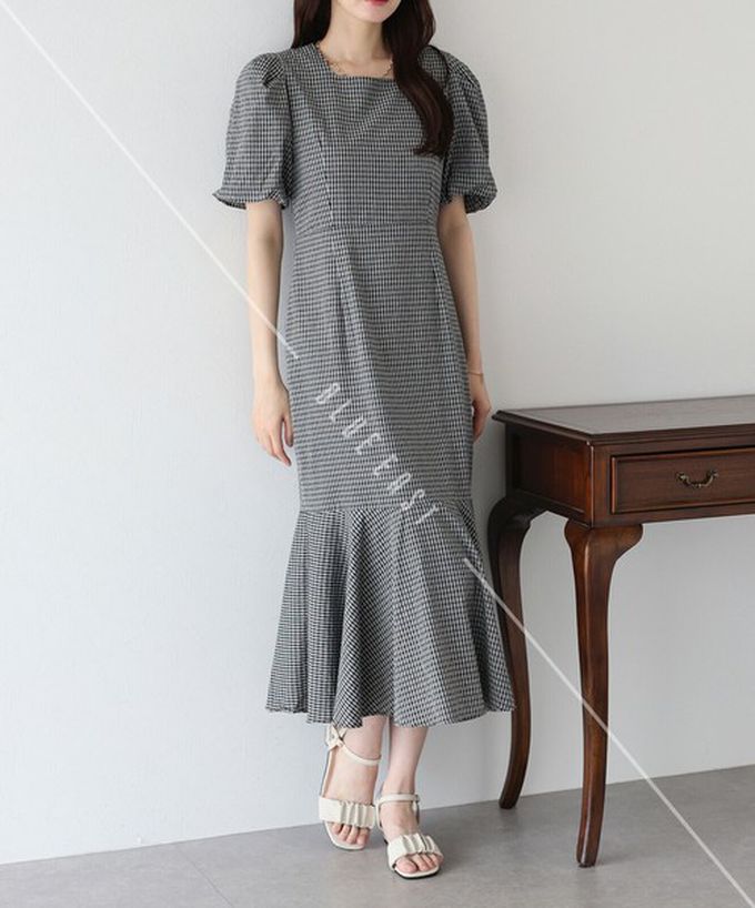 日本 BLUE EAST - 優雅方領後綁帶泡泡袖魚尾洋裝-波點-咖啡 (M)