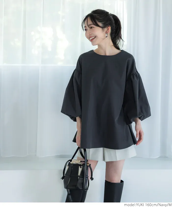 日本 COCA - 經典浪漫圓領澎澎袖上衣-深藍