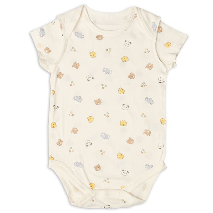 akachan honpo - 短袖套頭式速乾包屁衣-2件組 動物-淺卡其色