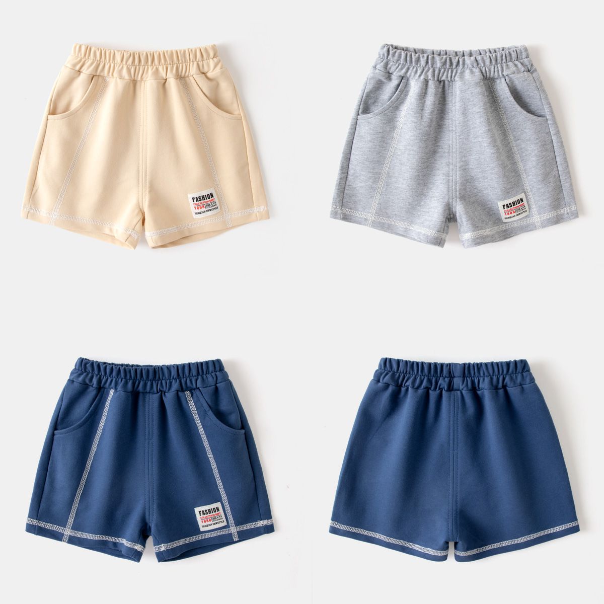 純棉腰鬆緊短褲-裝飾小標籤-卡其色