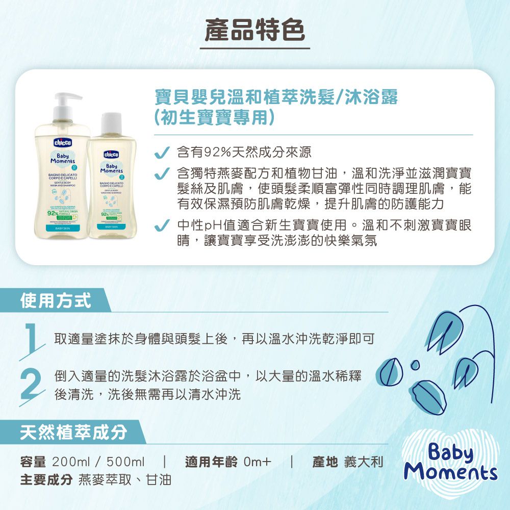義大利 chicco - 寶貝嬰兒溫和植萃洗髮/沐浴露(初生寶寶專用)500ml