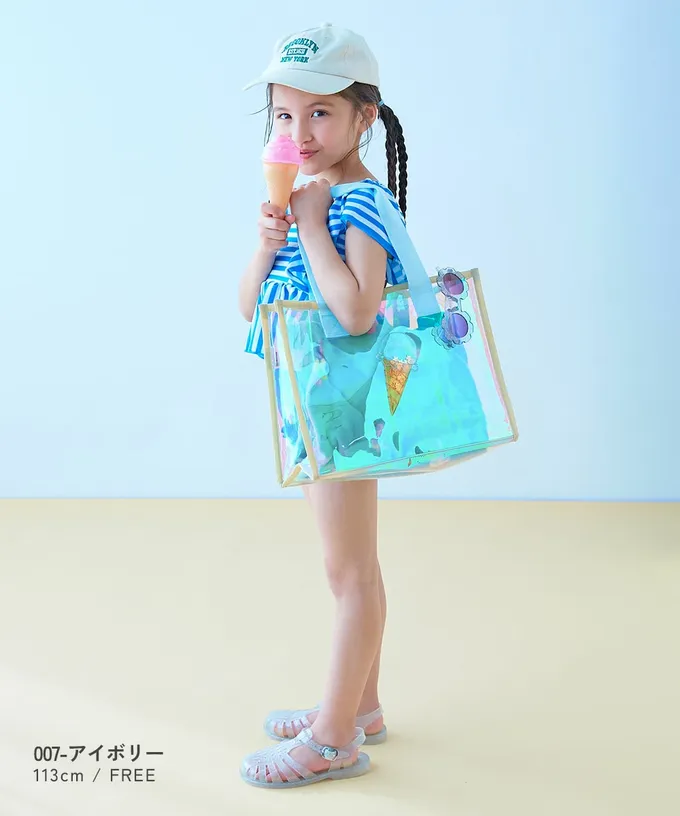 日本 devirock - 獨角獸色系閃亮PVC游泳/玩水包-冰淇淋-米x水藍