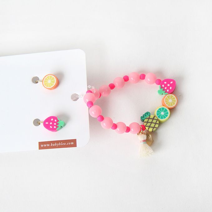 韓國 Babyblee - 水果派對飾品禮物組-草莓X橘子-桃粉-手鏈X1+耳環1對