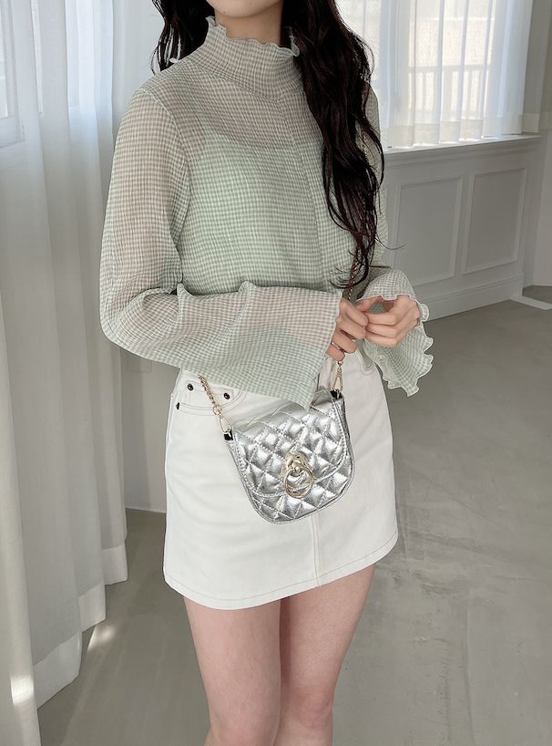 日本 GRL - 木耳領透膚長袖上衣(附內裡)-細格紋-時尚黑