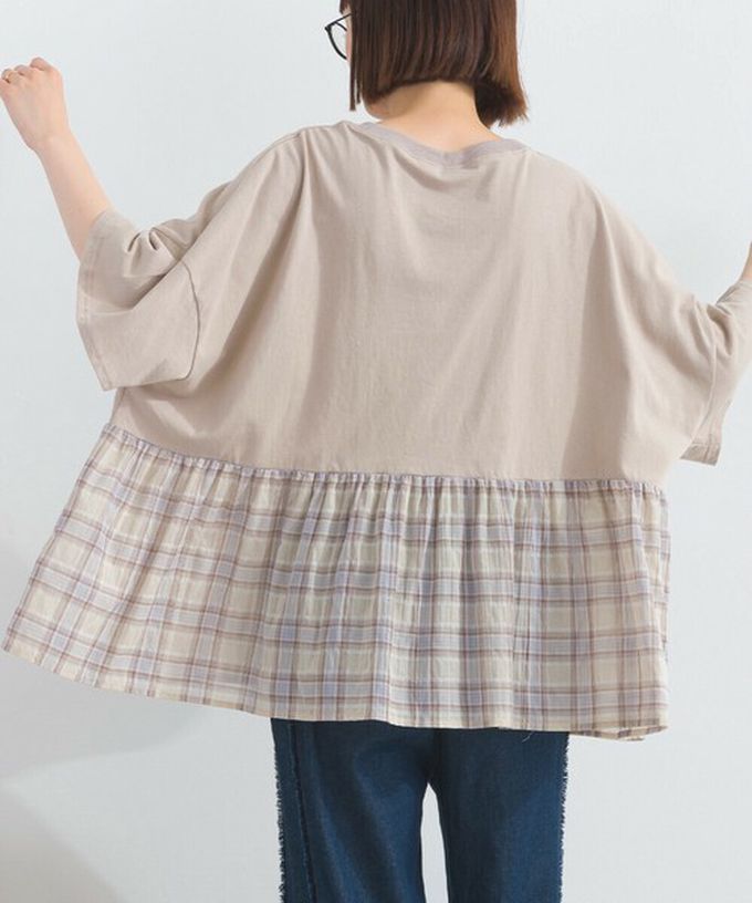 日本 Lupilien - 接觸涼感 可愛格紋休閒五分袖上衣-橘