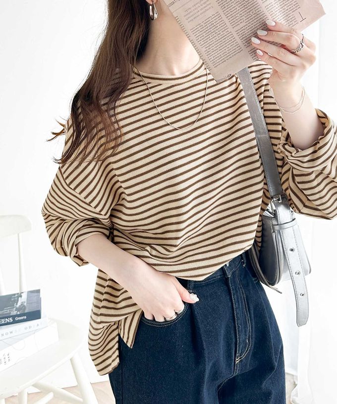 日本 Classical Elf - 萬能定番細條紋側開叉長袖上衣-咖啡棕