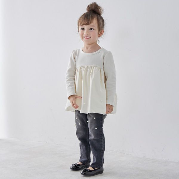 日本 petit main - 珍珠點綴傘狀拼接長袖上衣-淺粉