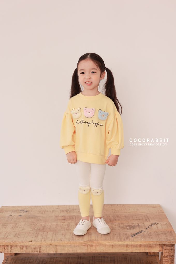 韓國 Coco rabbit - 三隻毛絨熊點綴圓領長袖上衣-黃
