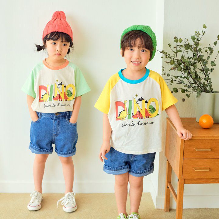 韓國 Hanab - DINO王國拼接色純棉T-黃