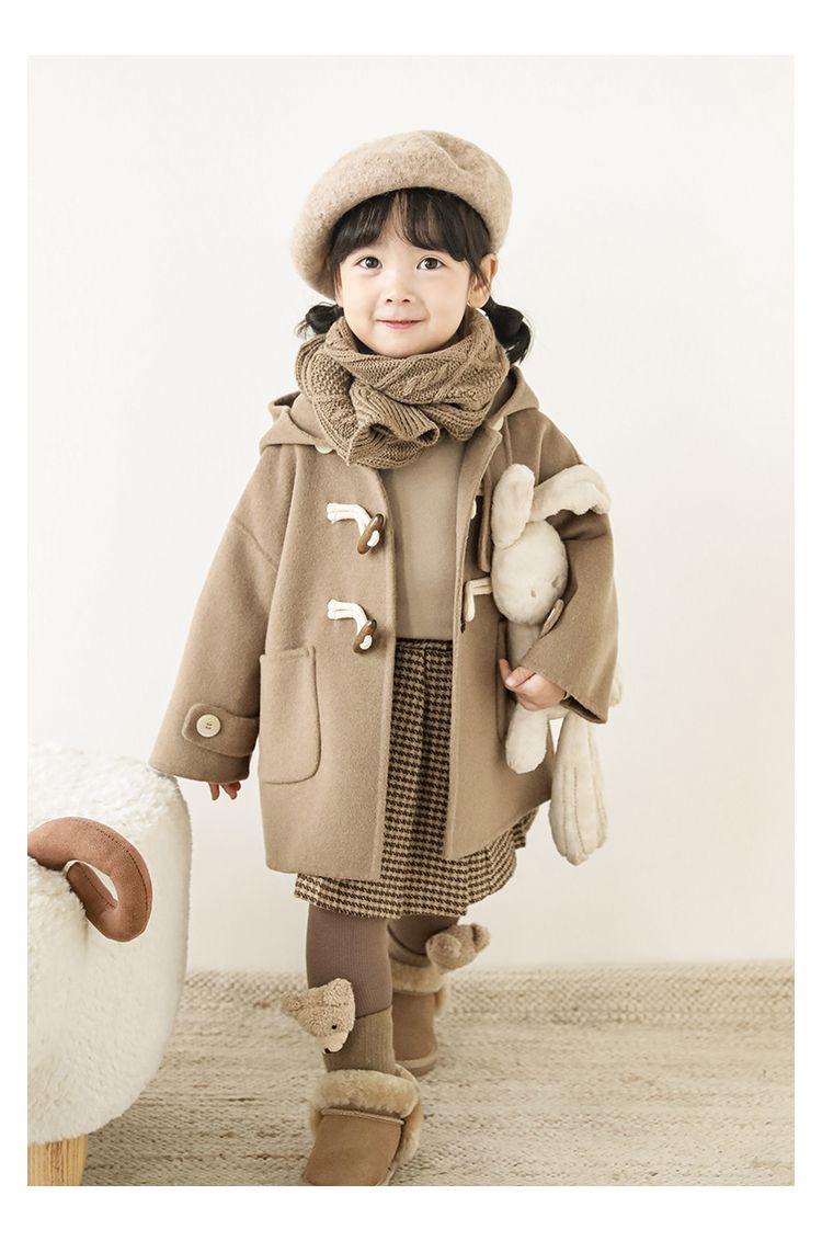 TONGMO - 加厚復古牛角釦連帽外套-駝色