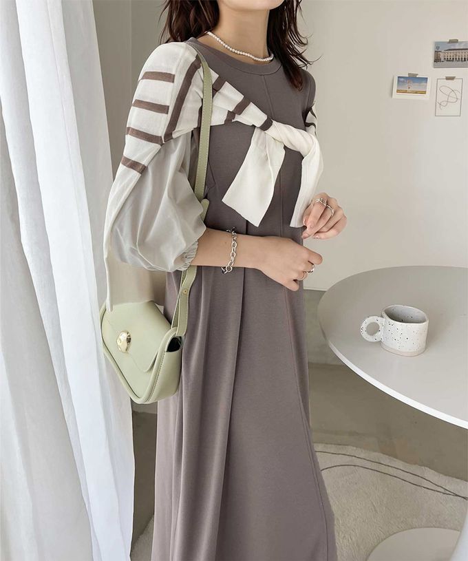 日本 Classical Elf - 優雅泡泡拼接袖修身洋裝-黑x淺米