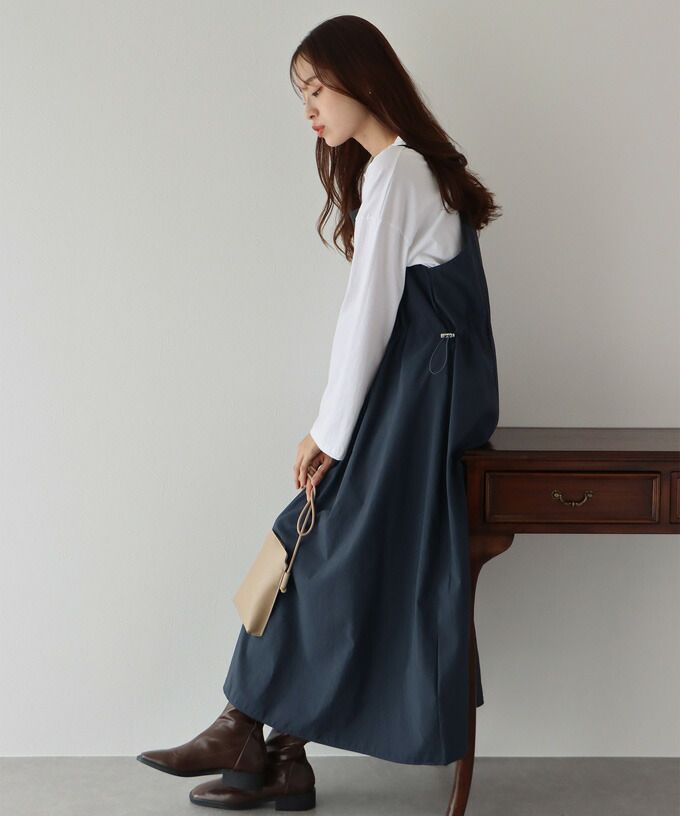 日本 BLUE EAST - 工裝風抽繩縮腰吊帶裙-卡其