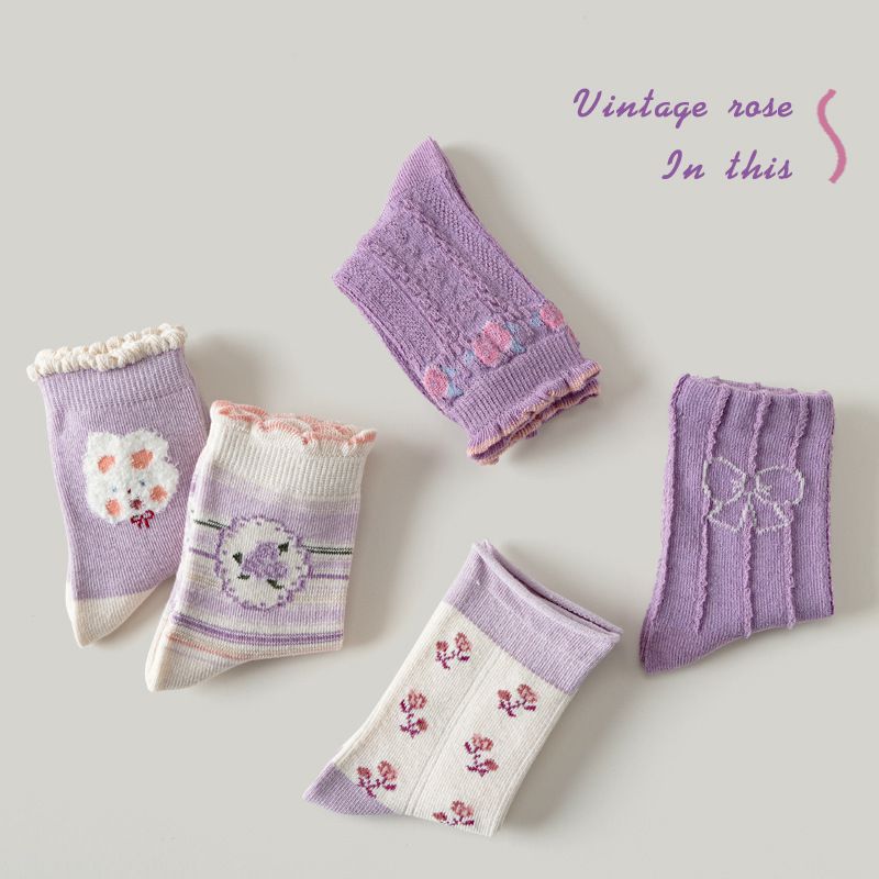 love, charlotte - 香芋玫瑰小兔子花邊中筒襪-5 雙一組