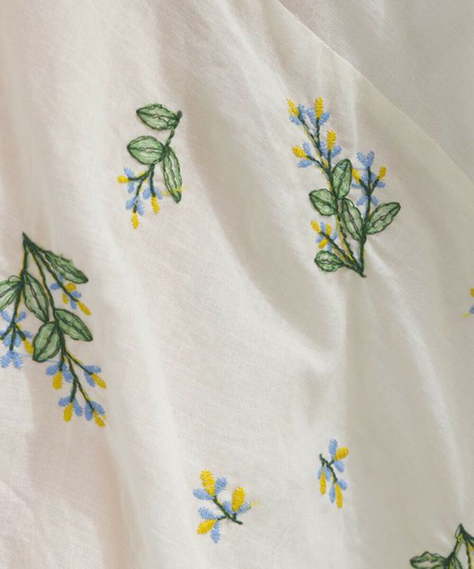 日本 Lupilien - 100%印度棉 優美植物刺繡大寬袖上衣-海軍藍