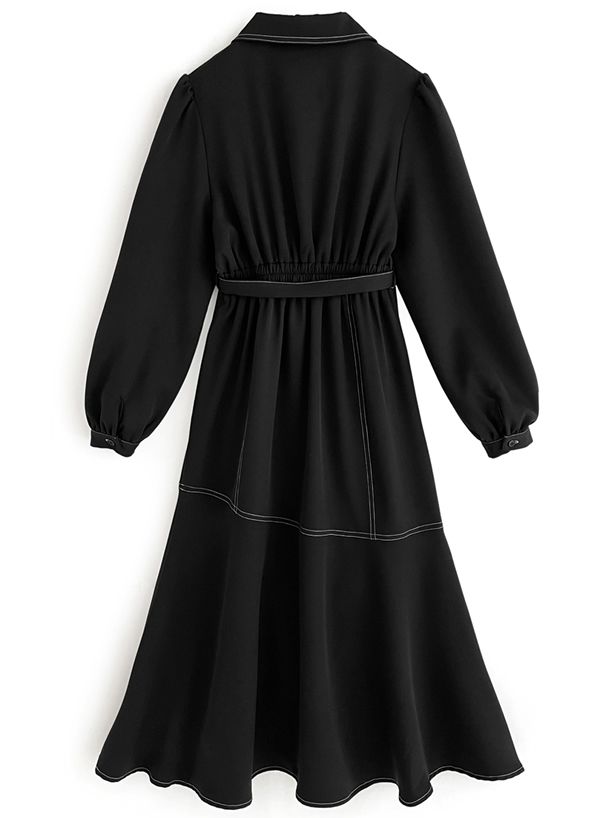 日本 GRL - 英倫率性車線翻領洋裝(附腰帶)-時尚黑