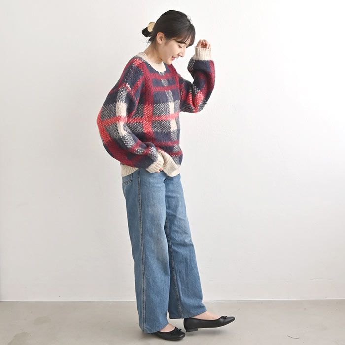 日本 ihuu - 大格紋俏皮針織毛衣-淺黃灰