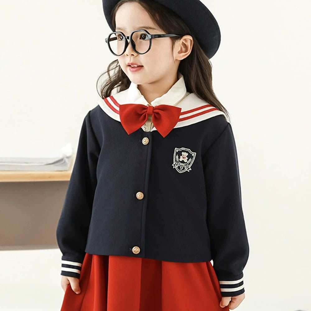 學院風撞色海軍翻領外套-小熊徽章-藏青