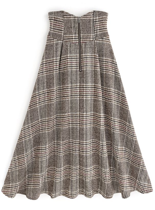 日本 GRL - 後綁帶格紋修身高腰長裙-灰棕