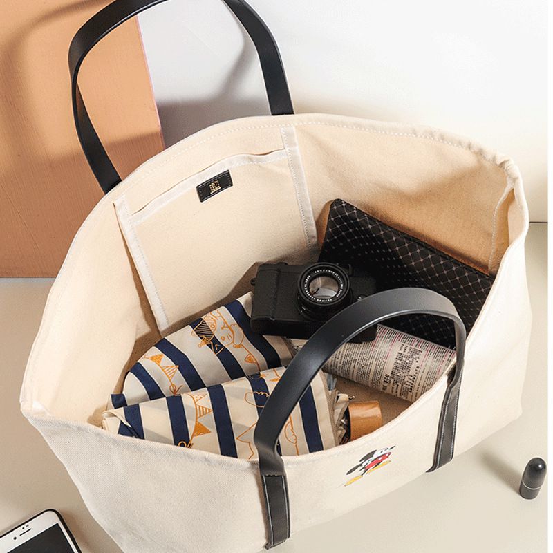 大容量單肩/手提帆布托特包-卡通米奇-米白色