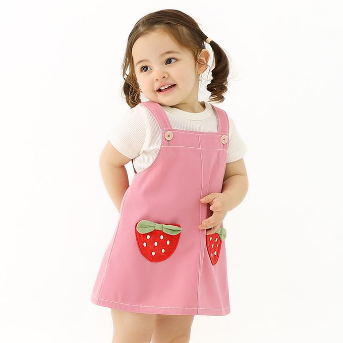 日本 ZOOLAND - 甜蜜草莓口袋俏麗吊帶裙-卡其杏