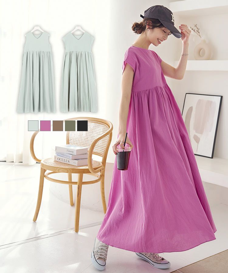 日本 Kobe Lettuce - 100%棉 透氣休閒長洋裝-春芽綠