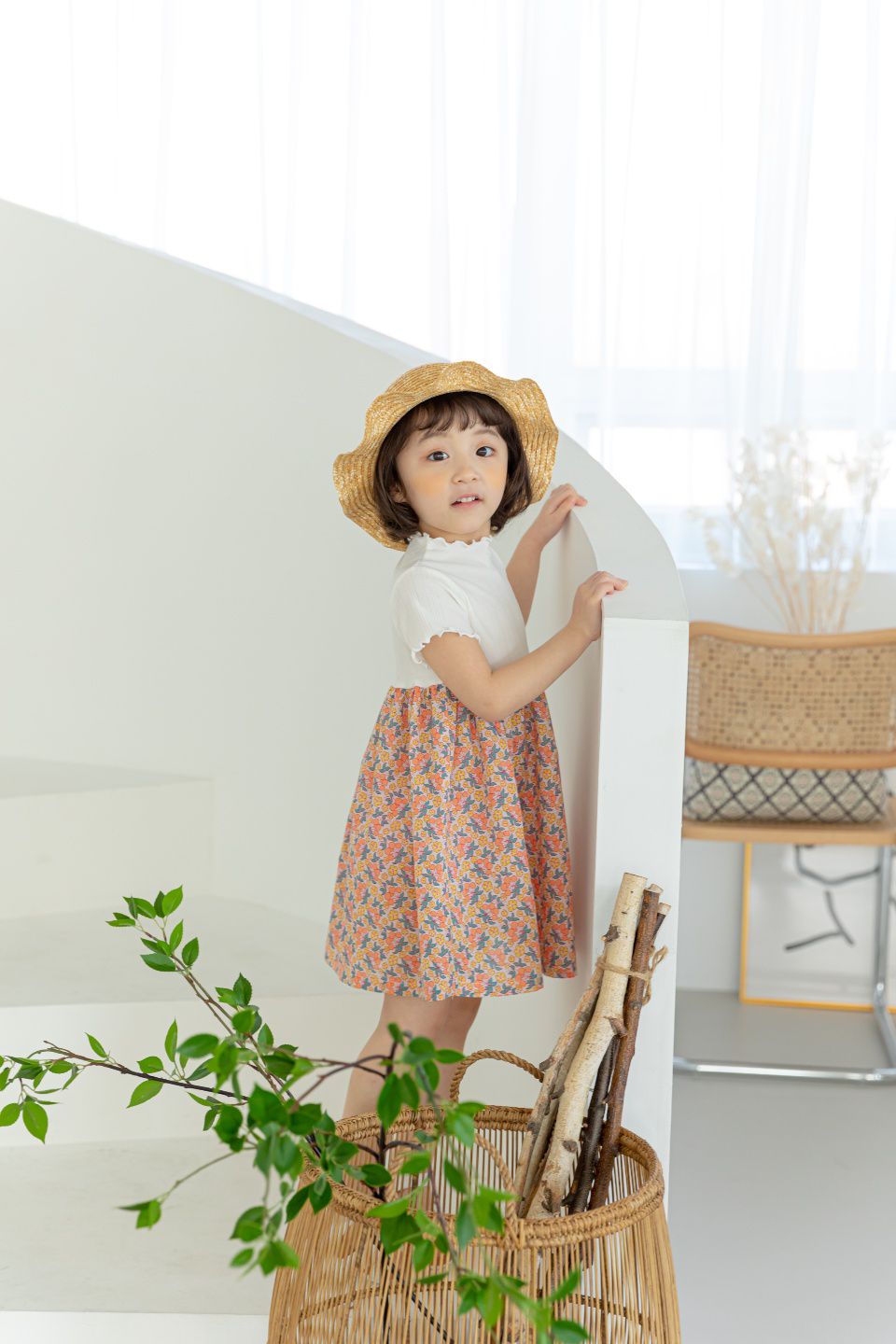 韓國 Orange Mom - 果實花朵異材質拼接洋裝-橘/黃